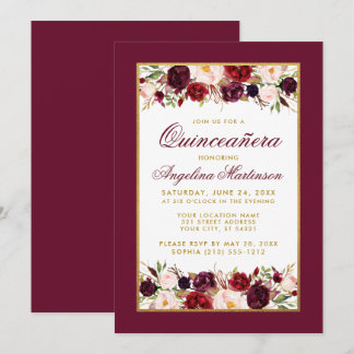 Quinceanera Burgundy Floral Gold Einladung