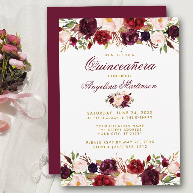 Quinceanera Burgundy Floral Gold Einladung (Customize to change text color, style, add text & photos to back or change color of back of card.)
