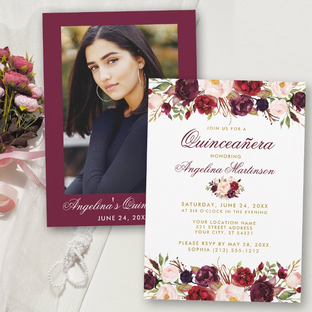 Quinceanera Burgundy Floral Gold Foto Einladung (Customize to change text size or text style.)