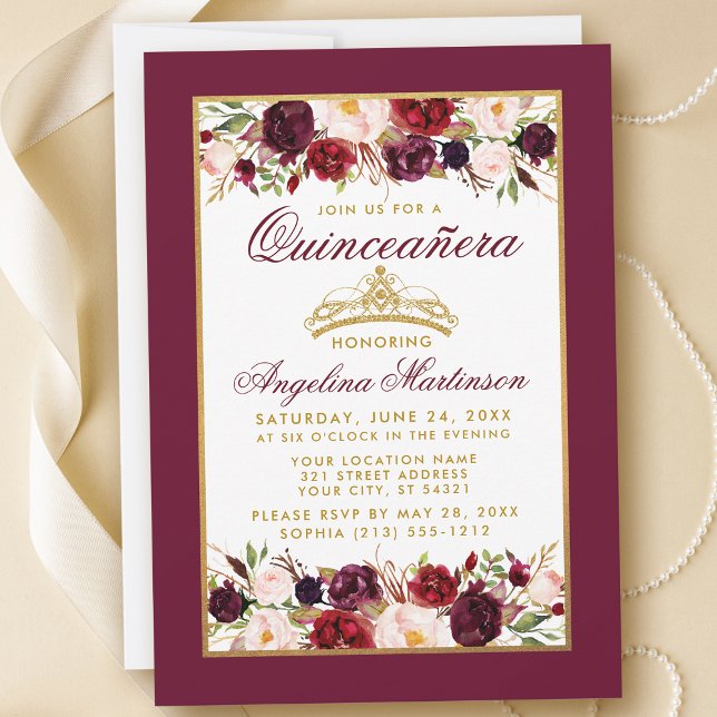 Quinceanera Burgundy Floral Gold Frame Crown Einladung (Customize to change text color, style, add text & photos to back or change color of back of card.)