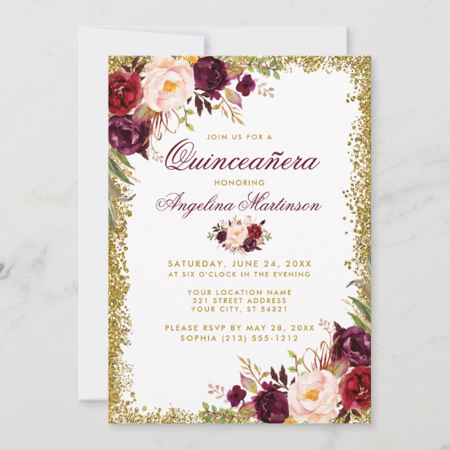 Quinceanera Burgundy Floral Gold Glitzer Einladung (Vorderseite)