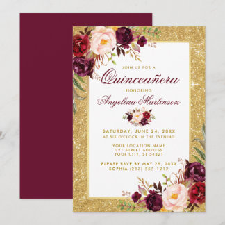 Quinceanera Burgundy Floral Gold Glitzer Einladung