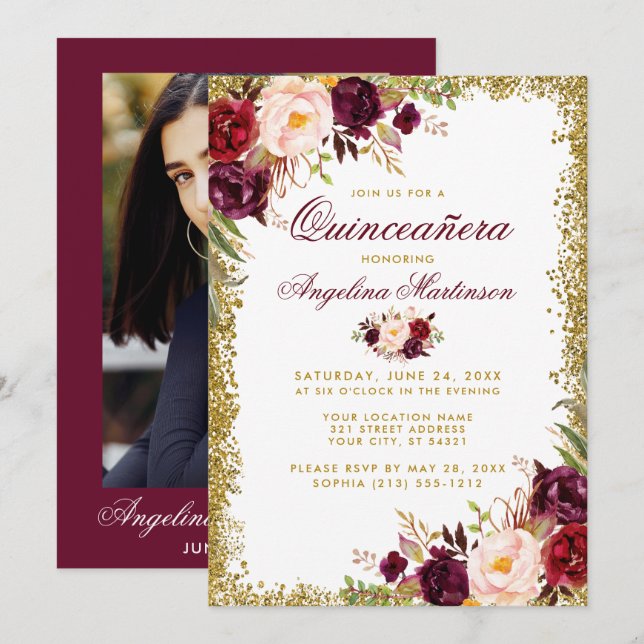 Quinceanera Burgundy Floral Gold Glitzer Foto Einladung (Vorne/Hinten)