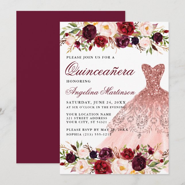 Quinceanera Burgundy Floral Pink Glitzer Dress Einladung (Vorne/Hinten)
