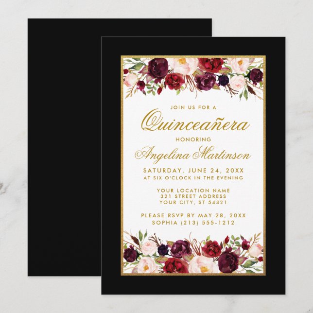 Quinceanera Burgundy Floral Schwarz-weiß Gold Einladung (Vorne/Hinten)