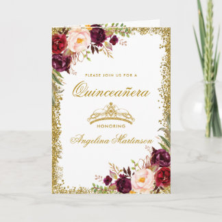 Quinceanera Burgundy Foto Gold Crown Folk Karte