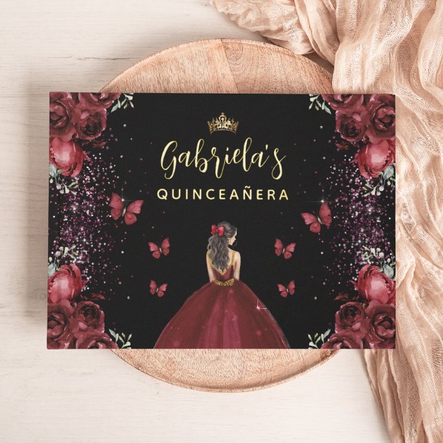 Quinceañera Burgundy Gold Black Floral Gästebuch (Von Creator hochgeladen)