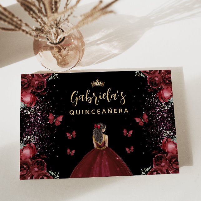 Quinceañera Burgundy Gold Black Floral Gästebuch (Von Creator hochgeladen)