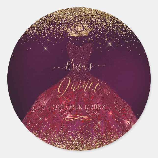 Quinceanera Burgundy Gold Glitzer Princess Crown Runder Aufkleber (Vorderseite)