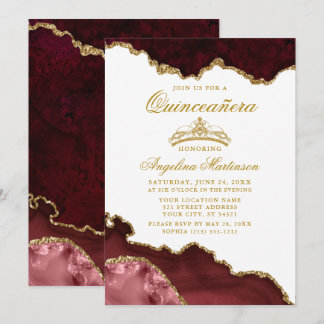 Quinceanera Burgundy Gold Marmorkrone Einladung
