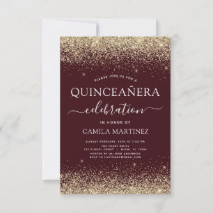 Quinceanera Burgundy Gold Moderner Glitzer Sparkon Einladung
