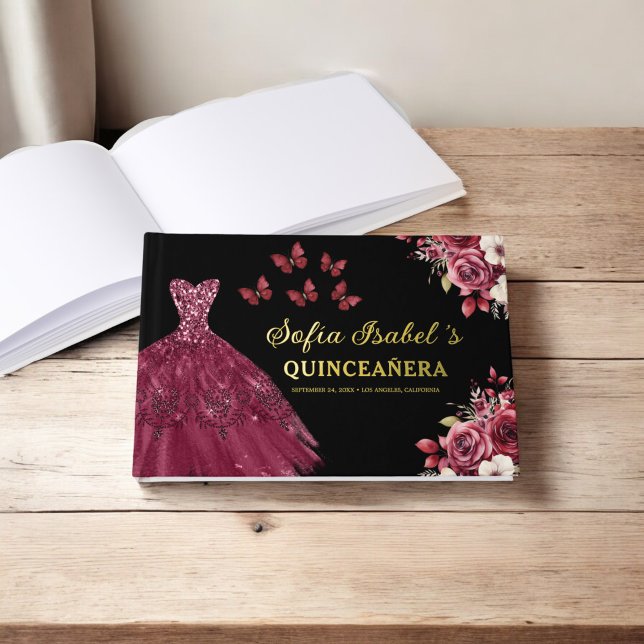 Quinceañera Burgundy Gold Princess Floral Gästebuch (Von Creator hochgeladen)
