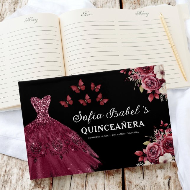 Quinceañera Burgundy Gold Princess Floral Gästebuch (Von Creator hochgeladen)