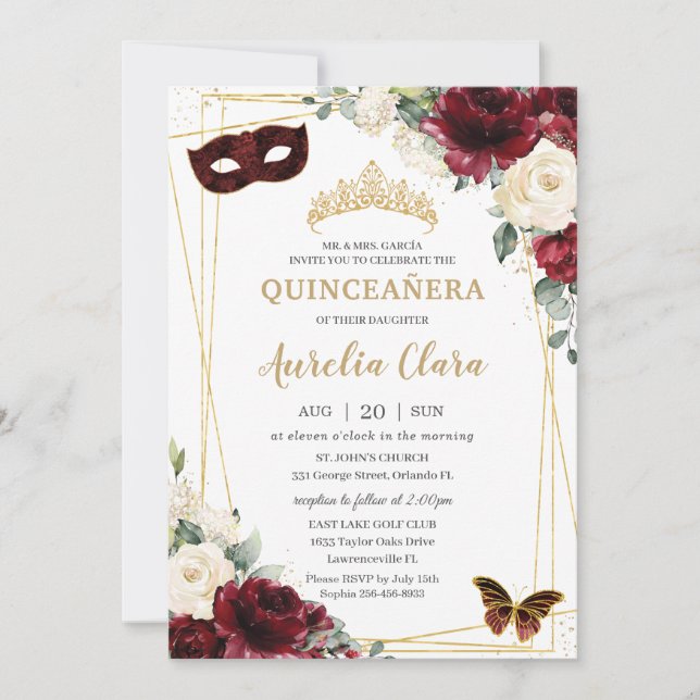 Quinceañera Burgundy Ivory Floral Butterfells Mask Einladung (Vorderseite)