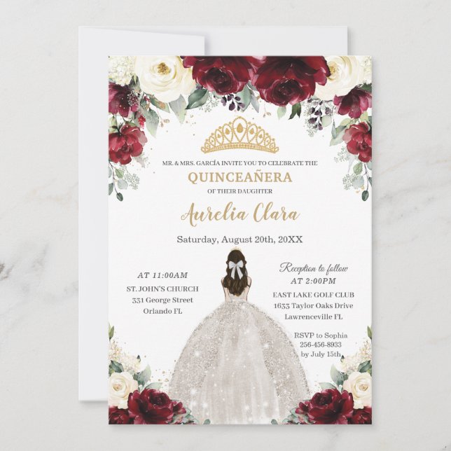 Quinceañera Burgundy Ivory White Floral Princess Einladung (Vorderseite)