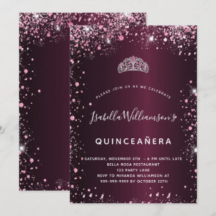 Quinceanera burgundy pink tiara Glitzer Einladung