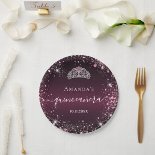 Quinceanera burgundy Pink Tiara Namenskript Pappteller