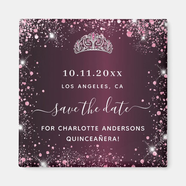 Quinceanera burgundy pink tiara Save the Date Magnet (Vorne)