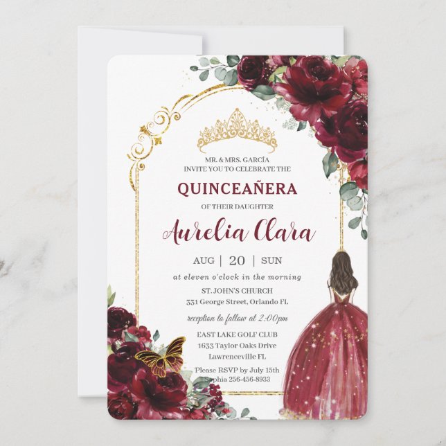 Quinceañera Burgundy Red Floral Gold Princess Arch Einladung (Vorderseite)