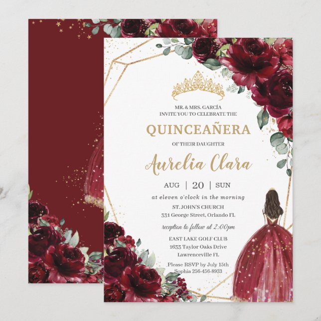 Quinceañera Burgundy Red Floral Gold Prinzessin Einladung (Vorne/Hinten)