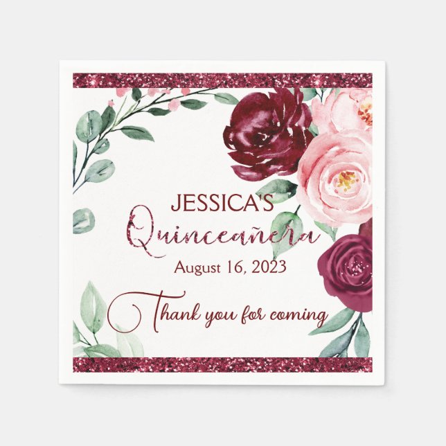 Quinceanera Burgundy Red Floral Paper Napkin Serviette (Vorderseite)