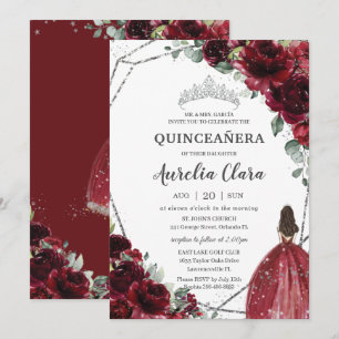 Quinceañera Burgundy Red Floral Silver Princess Einladung