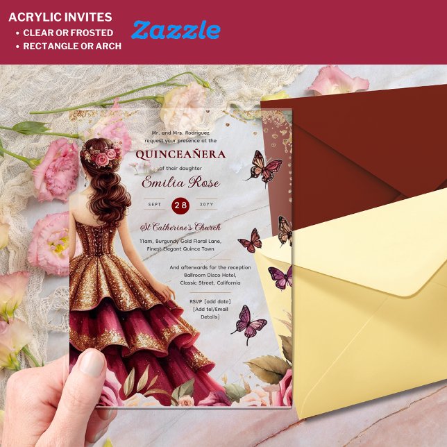 Quinceañera Burgundy Red Gold Dress Schmetterlinge Acryleinladungen (Von Creator hochgeladen)