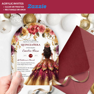 Quinceañera Burgundy Red Gold Quince Dress Blume Acryleinladungen