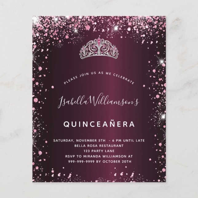 Quinceanera burgundy rosa Glitzer Tiara Einladung (Vorderseite)