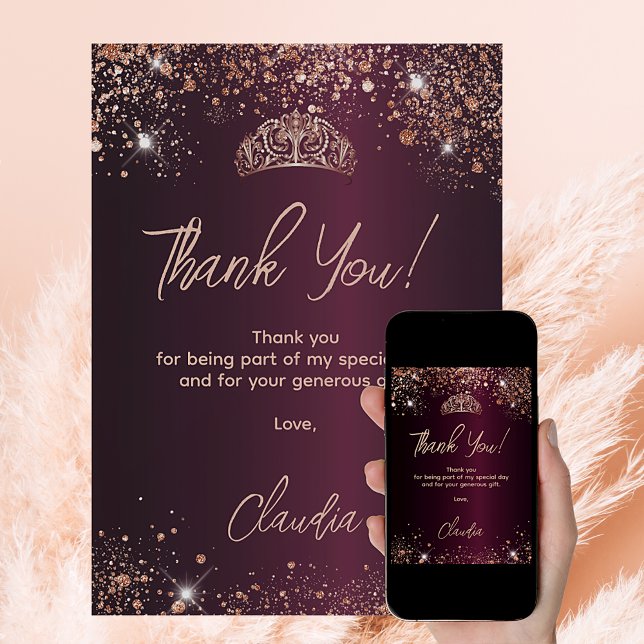 Quinceanera burgundy Rose gold Dankeschön Karte (Von Creator hochgeladen)