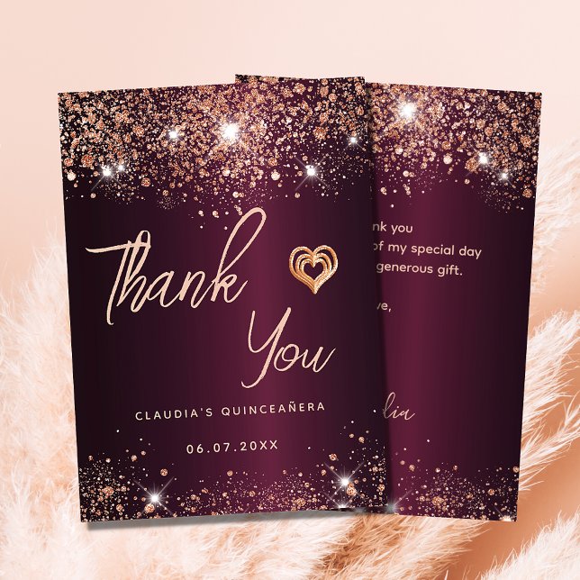 Quinceanera burgundy Rose gold Dankeschön Karte (Von Creator hochgeladen)