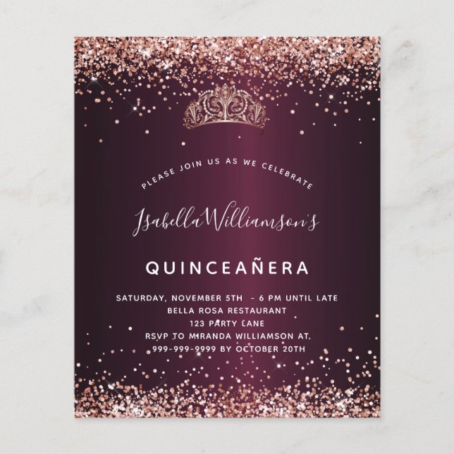 Quinceanera burgundy Rose gold tiara Einladung (Vorderseite)