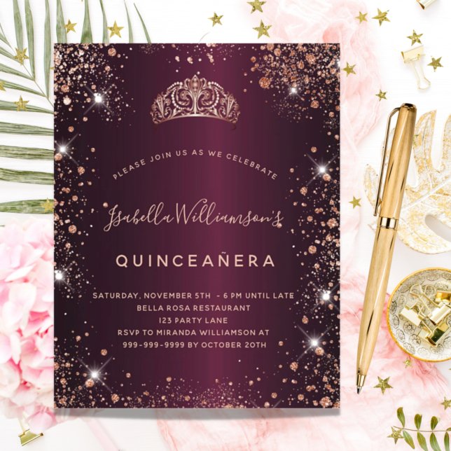 Quinceanera burgundy Rose gold tiara Einladung (Von Creator hochgeladen)