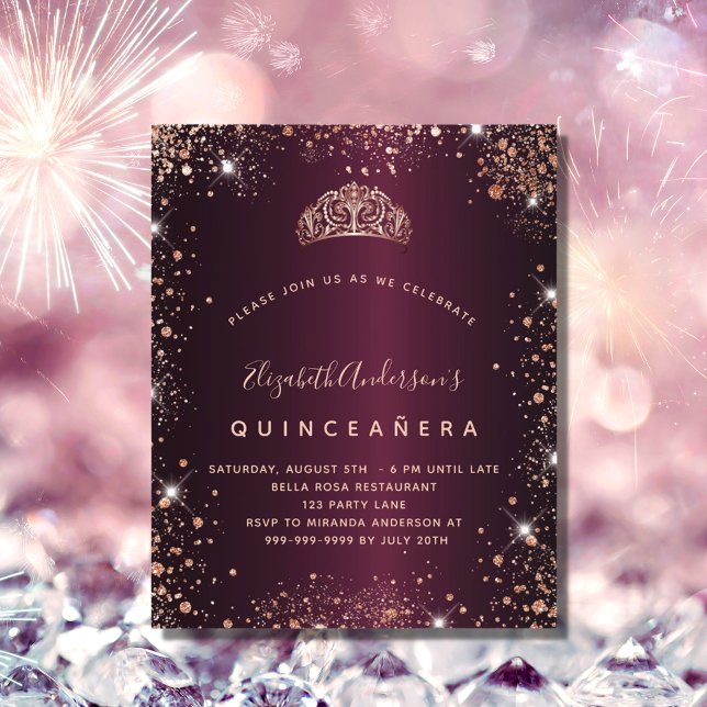 Quinceanera burgundy Rose gold tiara Einladung Flyer (Von Creator hochgeladen)