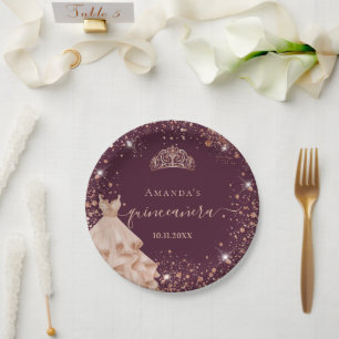 Quinceanera burgundy Rose gold tiara Kleidername Pappteller