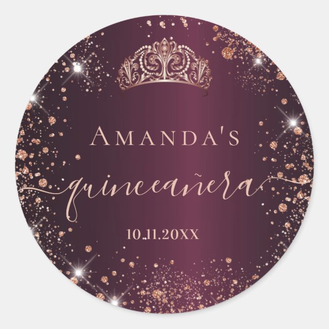 Quinceanera burgundy Rose gold tiara name skript Runder Aufkleber (Vorderseite)