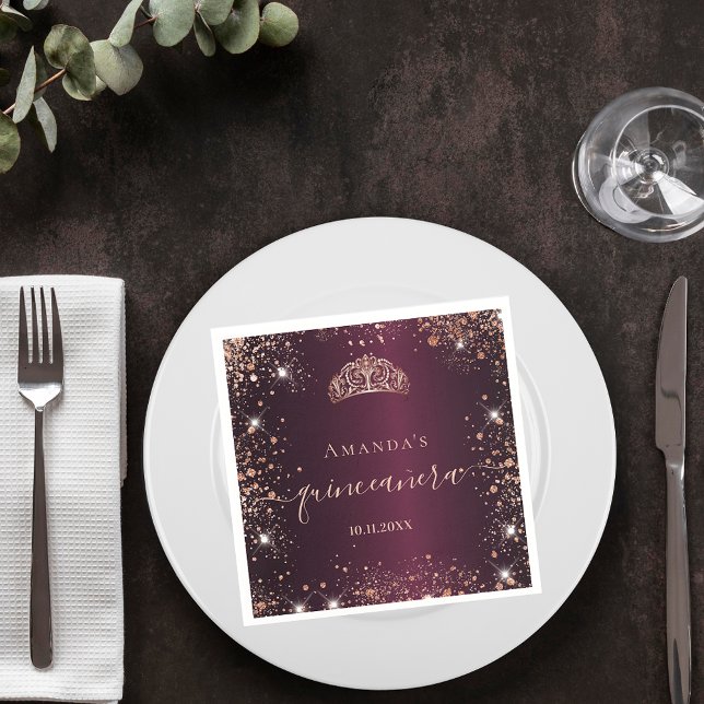 Quinceanera burgundy Rose gold tiara name skript Serviette (Von Creator hochgeladen)