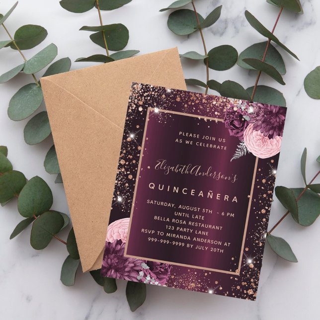 Quinceanera burgundy Rose Goldene Blüte Einladung (Von Creator hochgeladen)