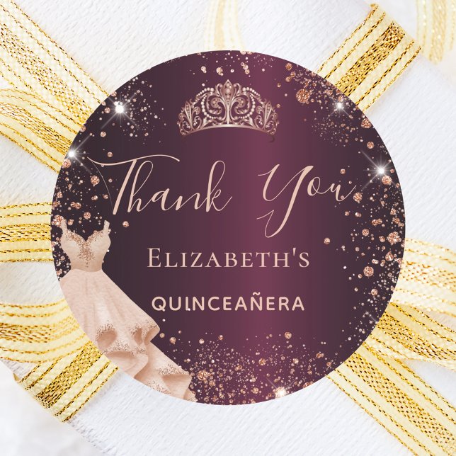 Quinceanera burgundy Rose Goldkleid Danke Runder Aufkleber (Von Creator hochgeladen)