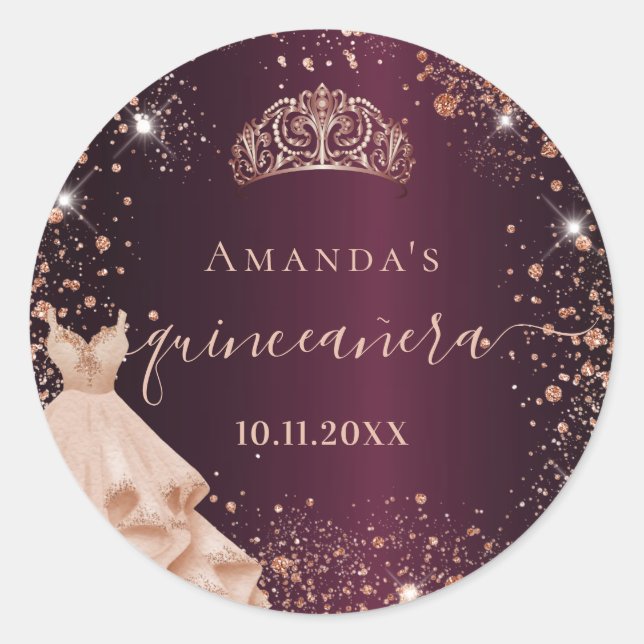 Quinceanera burgundy Rose Goldkleid Namenskript Runder Aufkleber (Vorderseite)