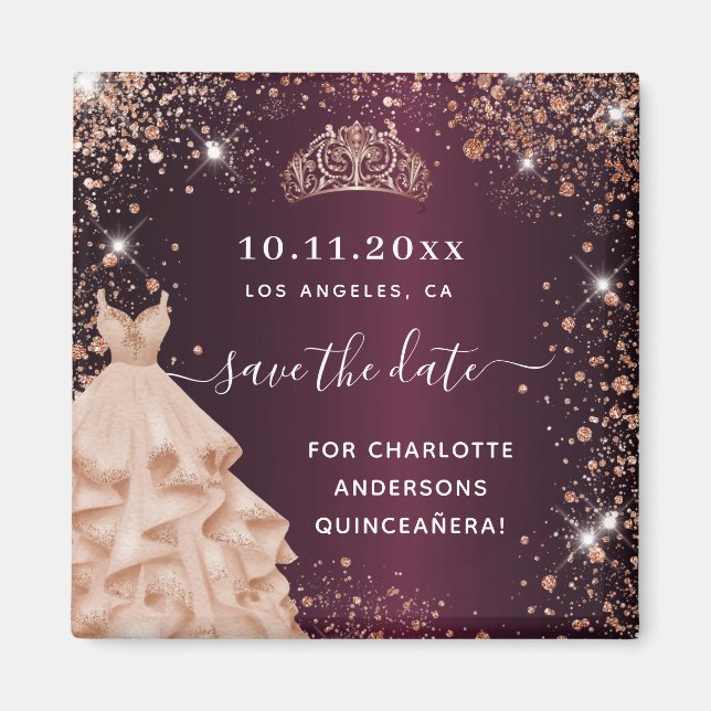 Quinceanera burgundy tiara Kleid Save the Date Magnet (Vorne)