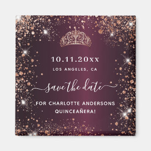 Quinceanera burgundy tiara Rose Gold Save the Date Magnet