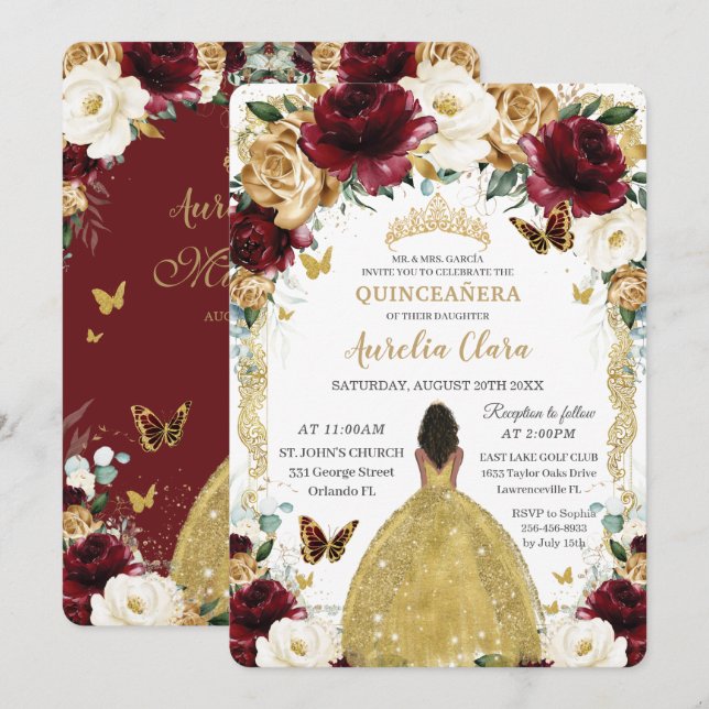 Quinceañera Burgundy White Gold Floral Brown Girl Einladung (Vorne/Hinten)