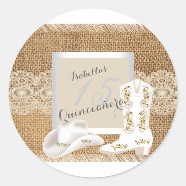 Quinceanera Burlap Lace Cowgirl Runder Aufkleber (Vorderseite)