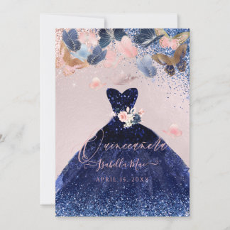 Quinceanera Butterfets Blush Navy Glitzer Gown Einladung