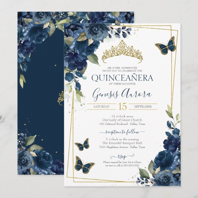 Quinceañera Butterfly Blue Watercolor Einladung (Vorne/Hinten)
