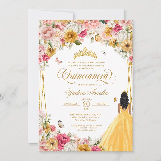 Quinceanera Butterfly Blush Pink & Yellow Floral Einladung (Vorderseite)