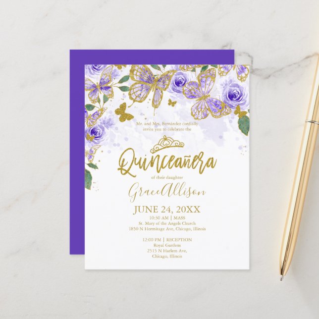 Quinceanera Butterfly Budget Einladung Englisch (Vorderseite/Rückseite Beispiel)