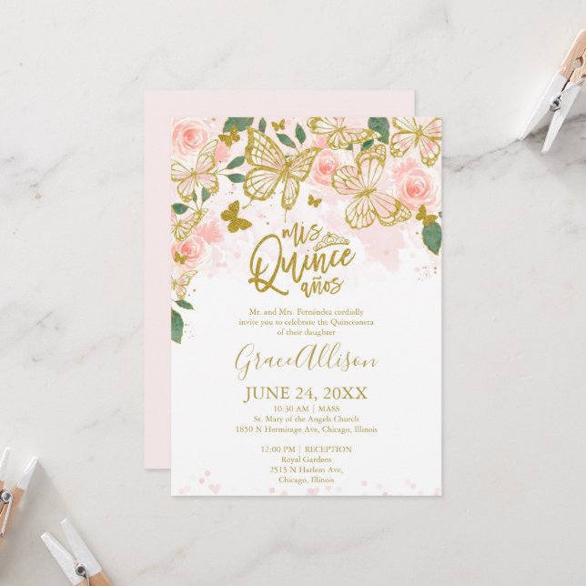 Quinceanera Butterfly Einladung Englisch schreiben (Vorderseite/Rückseite Beispiel)