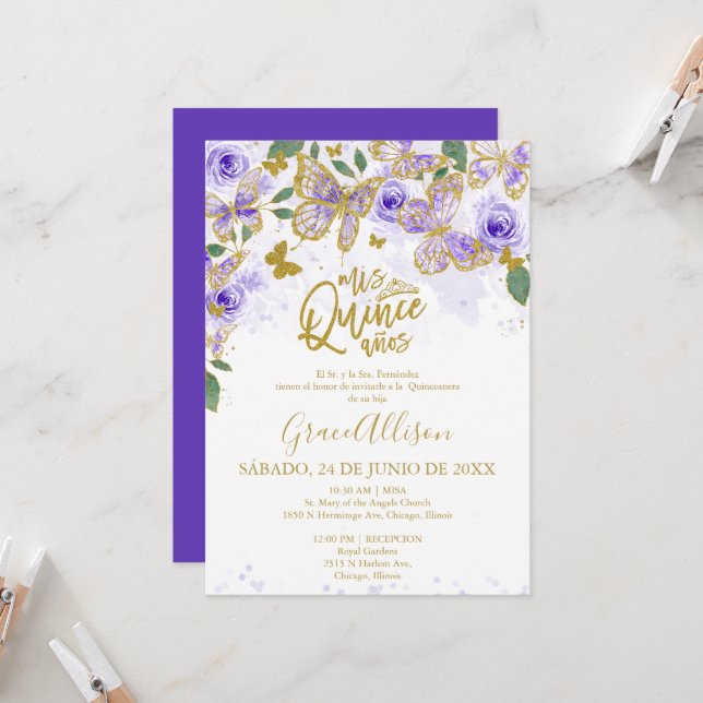 Quinceanera Butterfly Einladung Spanisch Aufnahme (Vorderseite/Rückseite Beispiel)